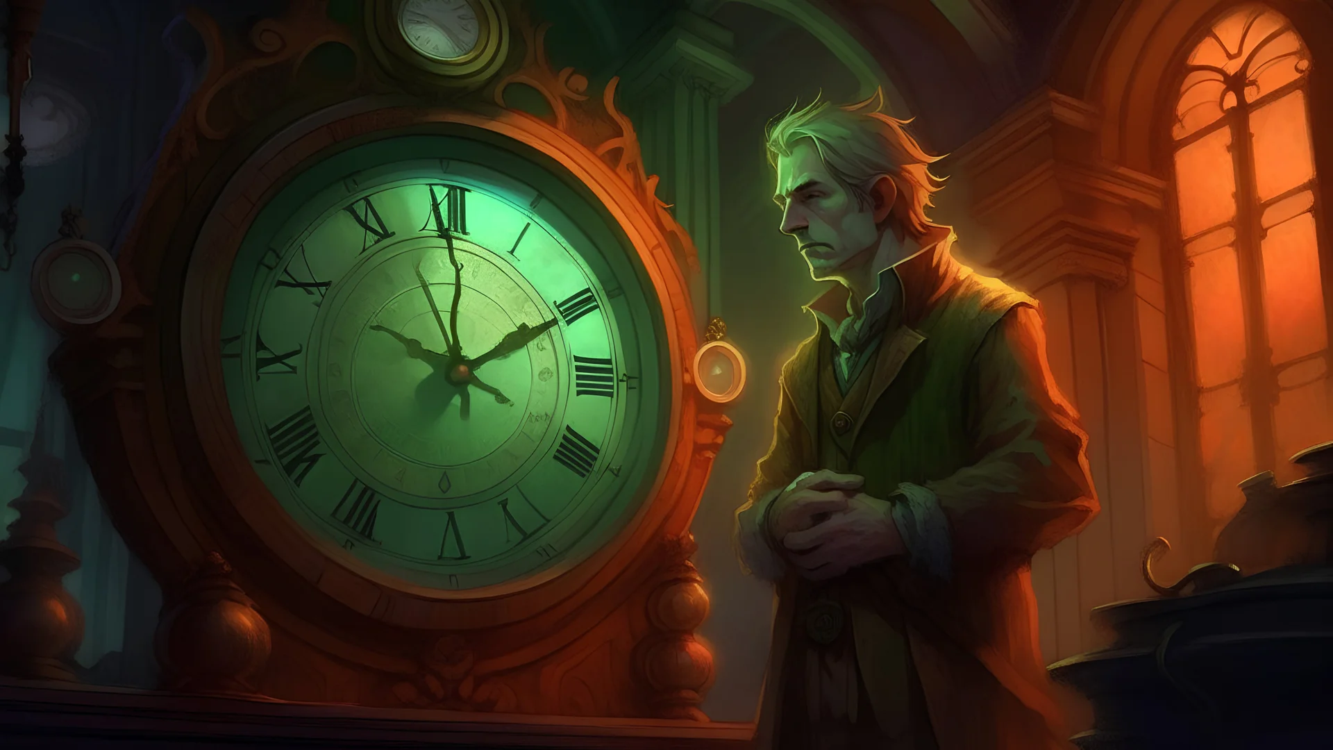 Alexander heads towards the place he considers the culmination of his journey, where the final confrontation with the evil force that resides in the depths of the haunted clock. Alexander realizes that he is the only one who can break the curse and restore peace to his life. The watch seems to radiate a mysterious light surrounding it, and the colors are in an unusual harmony. An atmosphere of tension and gloom surrounds it, giving the setting supernatural dimensions. Time and space are strange