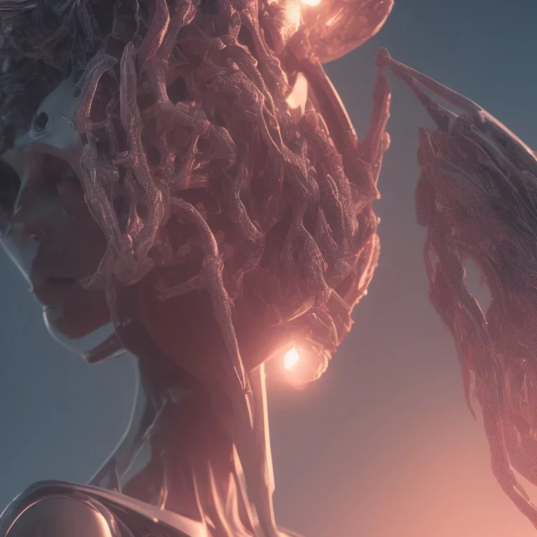 LOVING, MOTHER ALIEN, CLOSE UP, FACE, cinematic lighting, 4k, 8k, octane render, digital concept art, ambient lighting, PINK, SUNSET