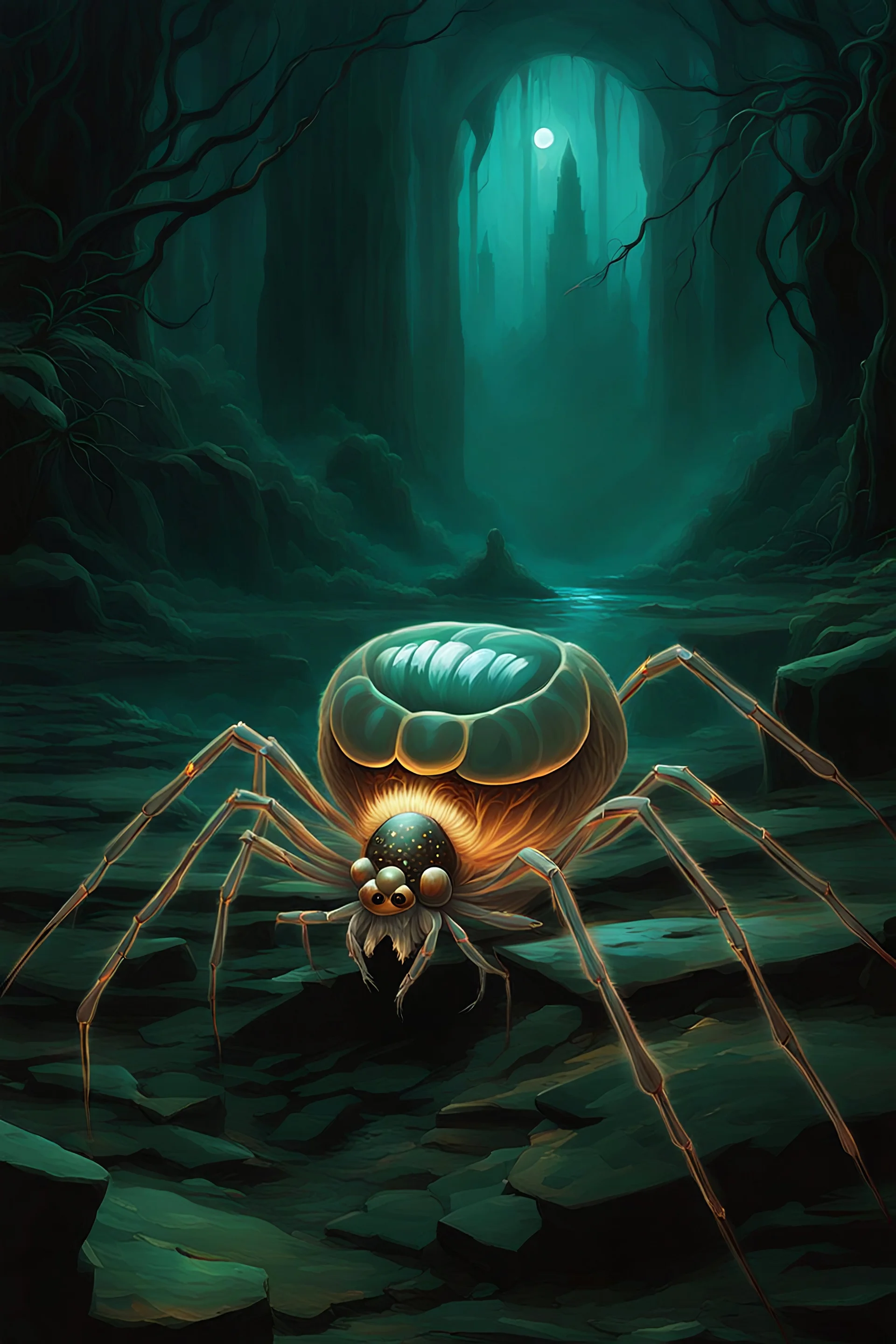 spider with long and tiny legs; there is thin translucent membranes between legs and body of spider; membranes barely glows; shell and skin of spider is metal; color of metal is copper; spider is fearsome and graceful ; metal skin is illuminated by a ray of light in mysterious scene; acrylic art; mysterious, dark, graceful scene; stylized; ruins on the background