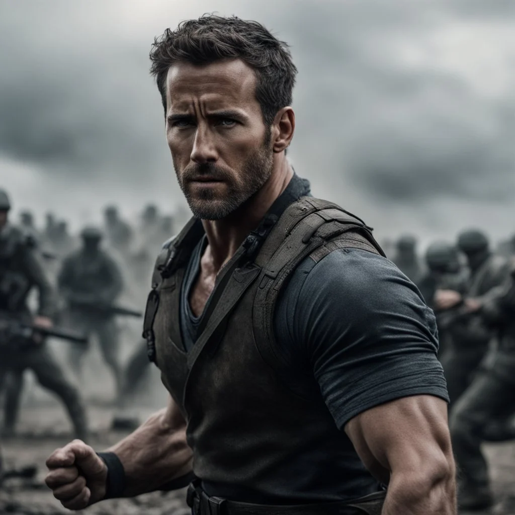 Hyper Realistic handsome-muscular-short-black-hair-Ryan-Reynolds fighting in a war sequence at dark-cloudy-day with dramatic-&-cinematic-ambiance