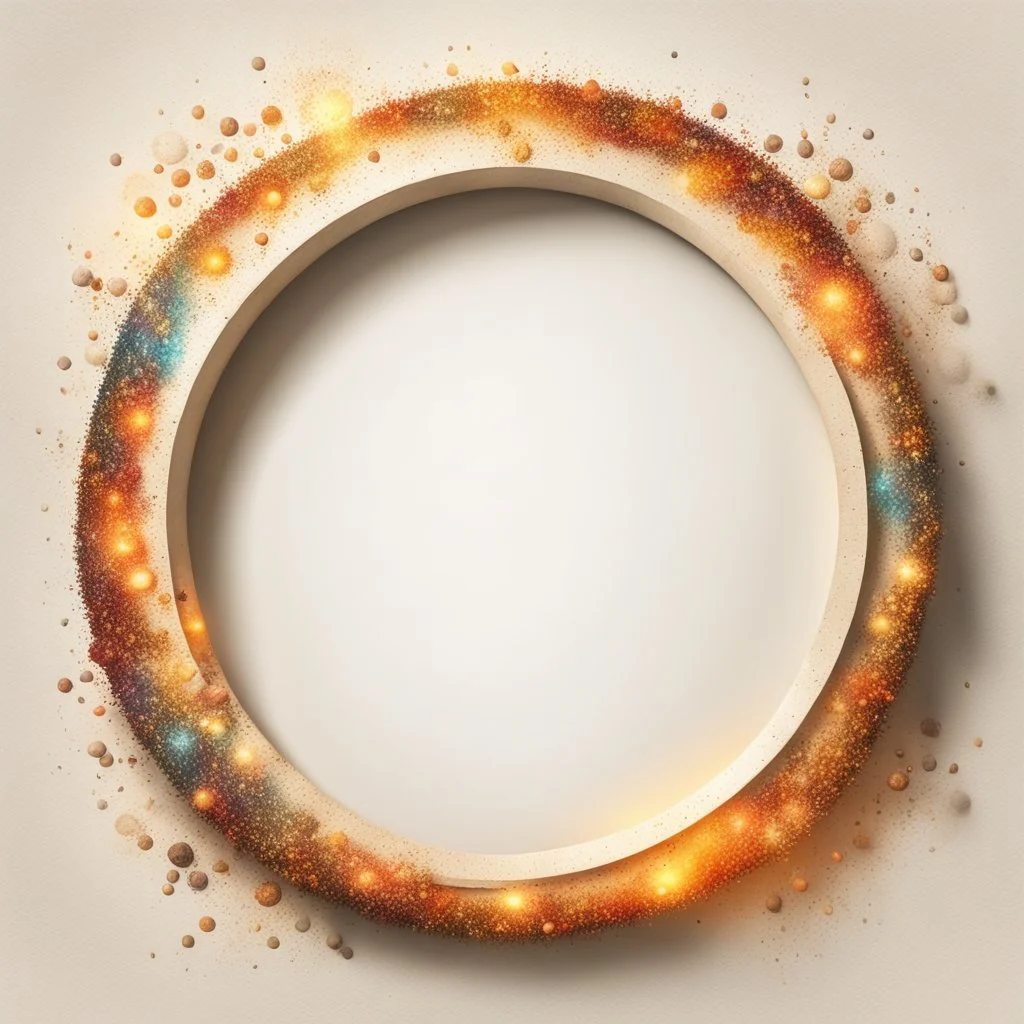 Hyper Realistic Right-side-view of Beige small-multicolor-Circular-Frame With Glowing Golden Embers On Off-White Grunge Background.