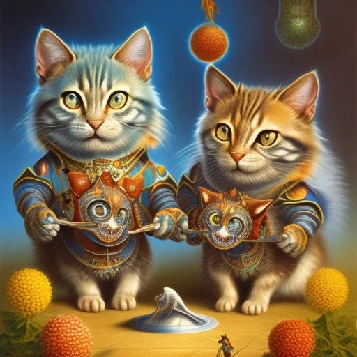 prompt, Fantasy harlequin cats by Louis Wain, by Catherine Abel, by Gediminas Pranckevicius, fantasy, oil on canvas, beautiful, high details, ultra detailed, crisp quality, colourful, high definition