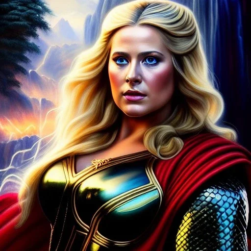 Ultra detailed fullbody Portrait in oil on canvas of beautiful busty Female THor,intense stare,extremely detailed digital painting, extremely detailed face,crystal clear Big eyes, mystical colors ,perfectly centered image, perfect composition, rim light, beautiful lighting,masterpiece,8k, stunning scene, raytracing, anatomically correct, in the style of robert e howard and Ken Kelley and Ohrai Noriyoshi and Simon Bisley and tomzj1