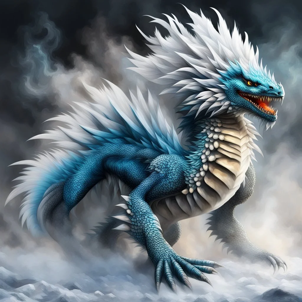 a sturdy colorful arctic dragon drake curly white fur, smokey breath and fire, claws, spikes along back, a long tail, moving forward towards viewer, wrapped in smoke