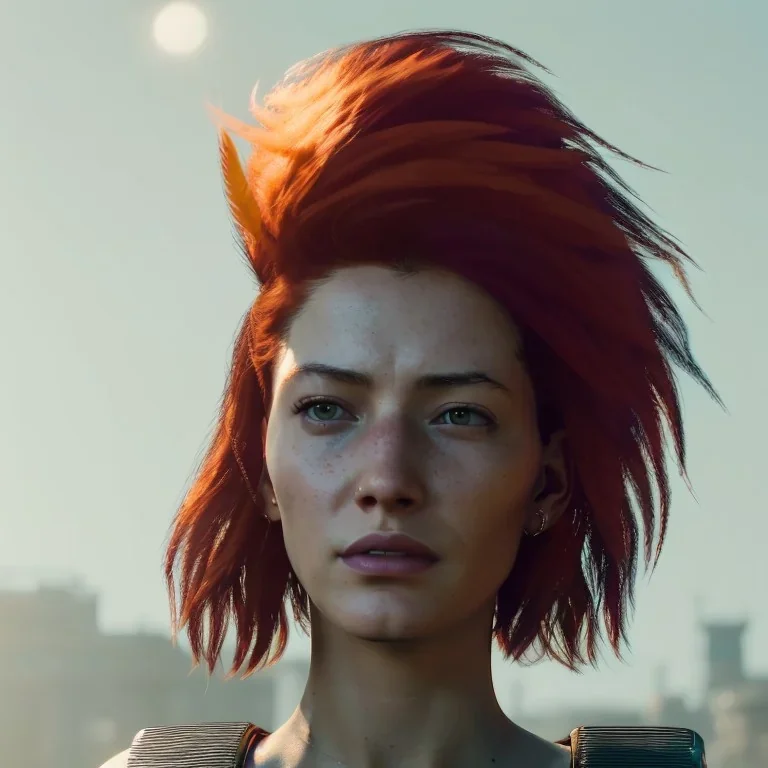 A beautiful portrait of a cyberpunk woman with lot's of grain on her skin red head with hair flying in the wind cyborg smiling facing camera orange color scheme, high key lighting, volumetric light high details with white stripes and feathers unreal 5, octane render, cinema4d, dynamic lighting, dramatic lighting, 4k, redshift render, highly detailed, hyper realistic