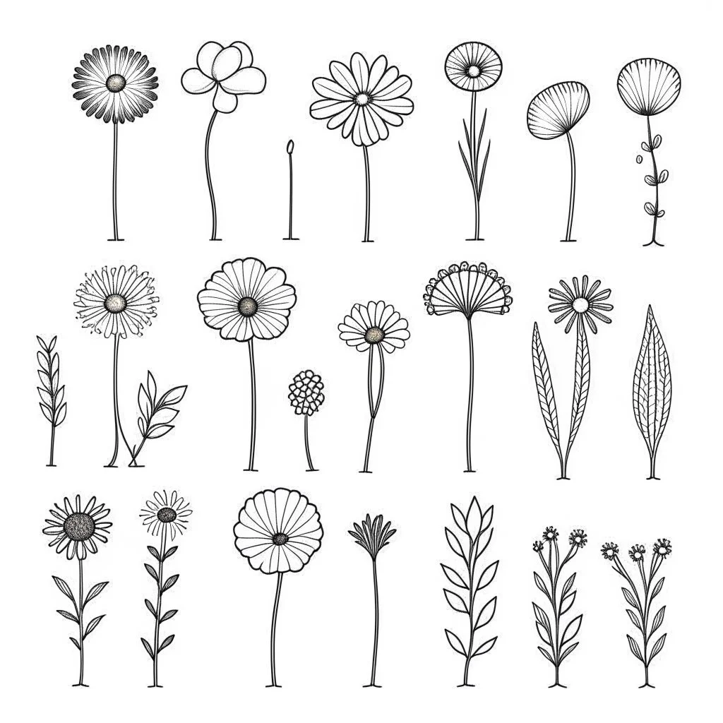 set of grow wind flower bouqute, SIMPLE ONE lineS art, white background, minimalis, different view, only white bakcground solid.