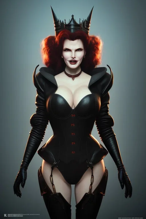 Geena Davis as evil queen in black leather, leather, busty, cleavage, angry, rage, stern look. character design by cory loftis, fenghua zhong, ryohei hase, ismail inceoglu and ruan jia. unreal engine 5, artistic lighting, highly detailed, photorealistic, fantasy