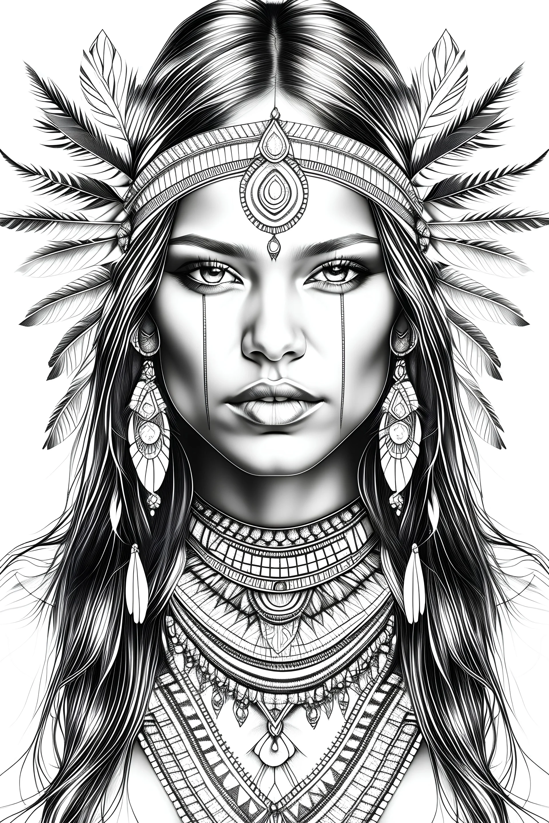 Pages with a beautiful native american woman's face, white background, Sketch style, only use an outline, Mandala style, clean line art, white background, no shadows, and clear and well outlined