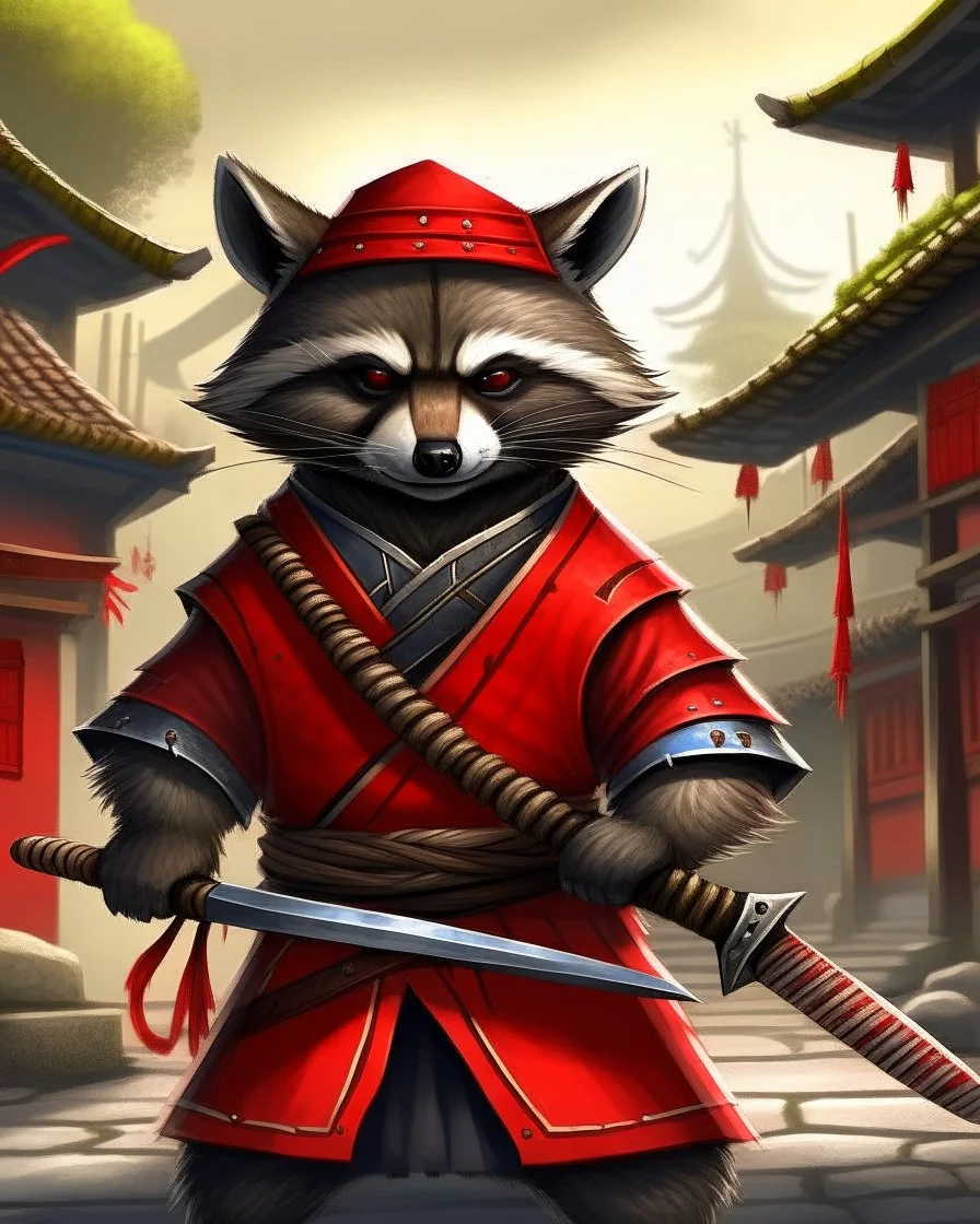 raccoon as a samurai, realistic, 2 katanas, city, red straw Hat