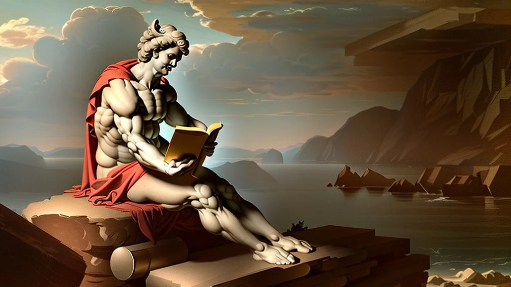 apollo sitting high on a rock reading a scroll