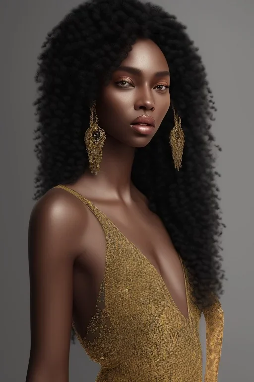 A portrait of a beautiful curvaceous black woman with long black hair, wearing a black dress with a deep v neck, wizard, magical, ethereal, intricate, realistic lighting, soft lighting. Concept art by wlop. Ultra quality 8k. Ultra Realistic