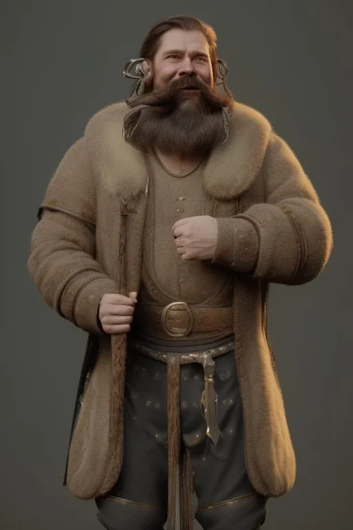 Medieval Fantasy Bearded strong man wearing a thick fur-lined merchant's coat, wearing gold rings, divine, halo, happy smiling, portrait, high definition, realistic, long hair, dynamic lighting, volumetric lighting, mustache