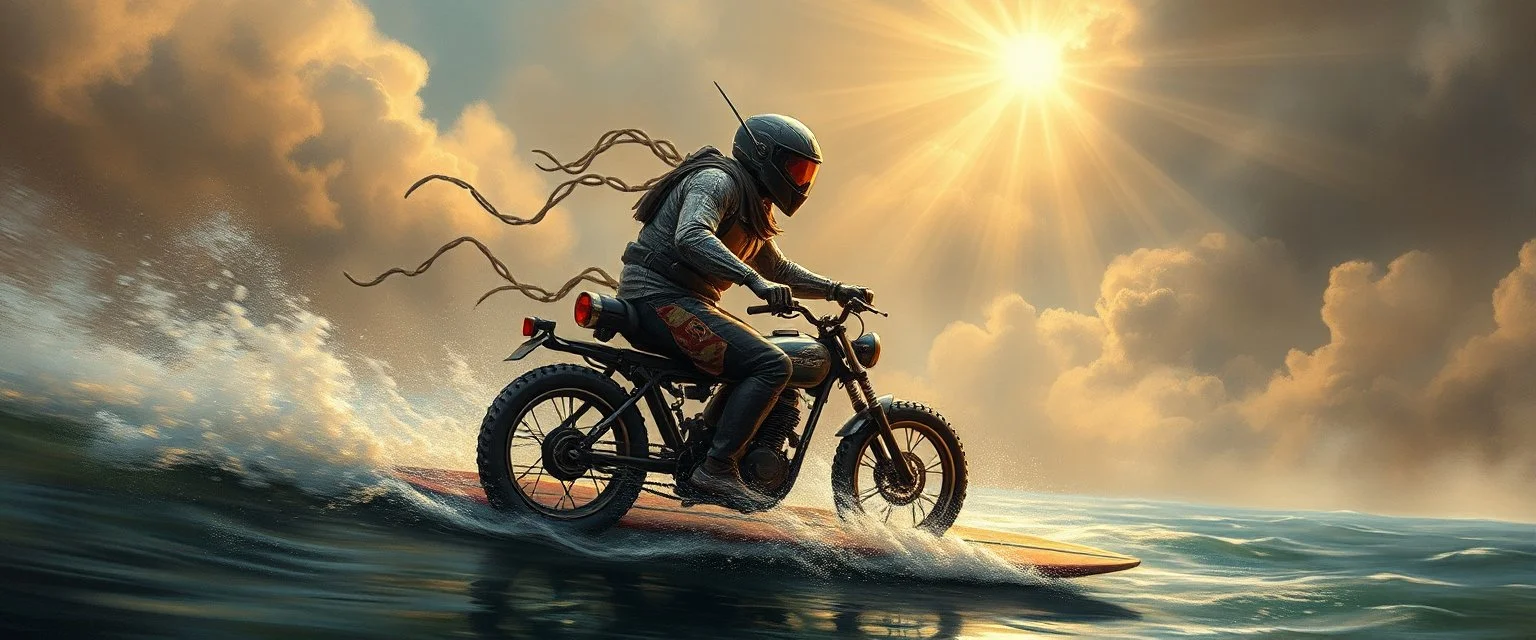 master oil painting by Rembrandt, viggo sandvik as insane eel wild ginger robot on surfboard boat motor trike , goa trance glitch poster, background motion blur, volume fog with light rays, jesus clouds