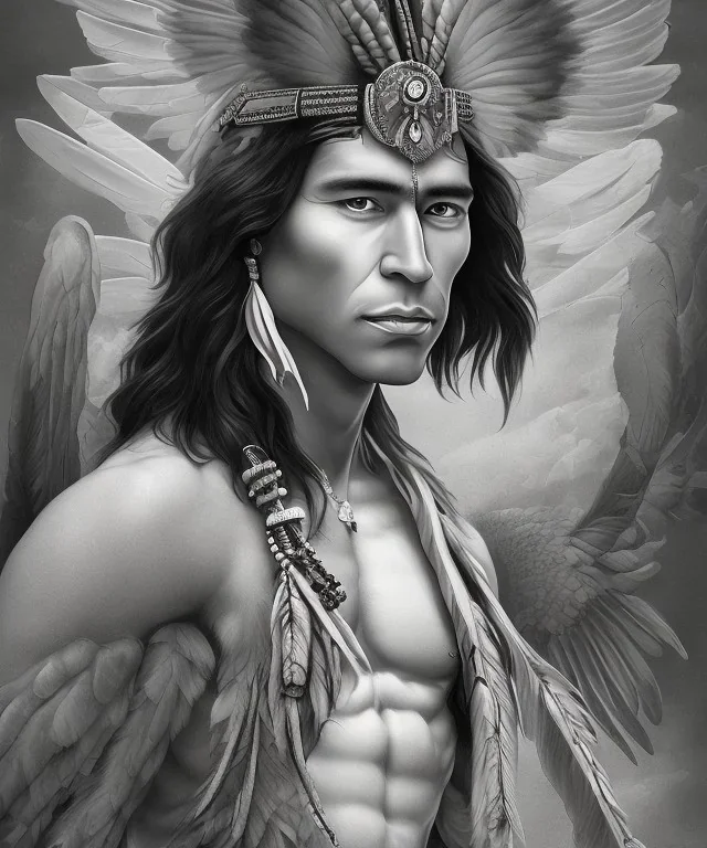 chaman, native american warrior, mature, long black hair, big muscles, black fabric coat like wings