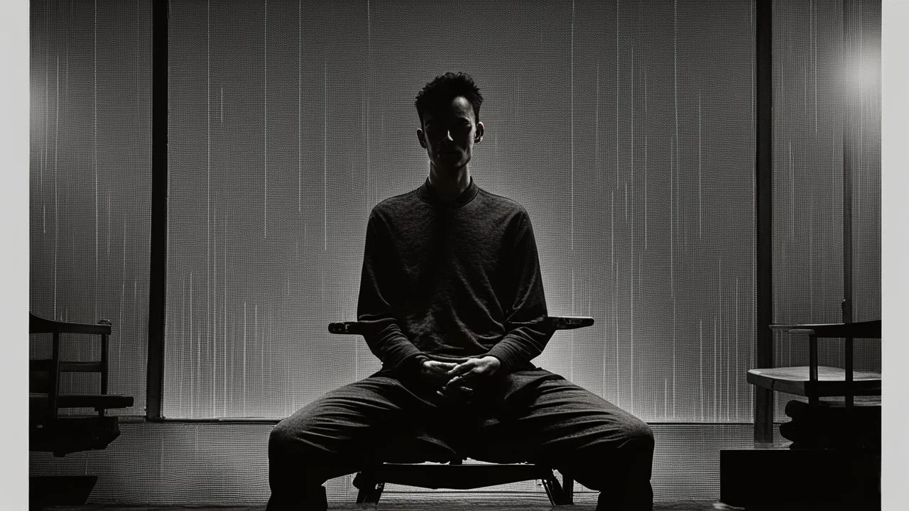 في الصورة، يظهر رجل جالس على كرسي في غرفة مظلمة. وجهه غير واضح، لكن يمكن رؤية عينيه مغمضتين. الرجل يرتدي ملابس سوداء، ويبدو أنه في حالة من الهدوء والتأمل.