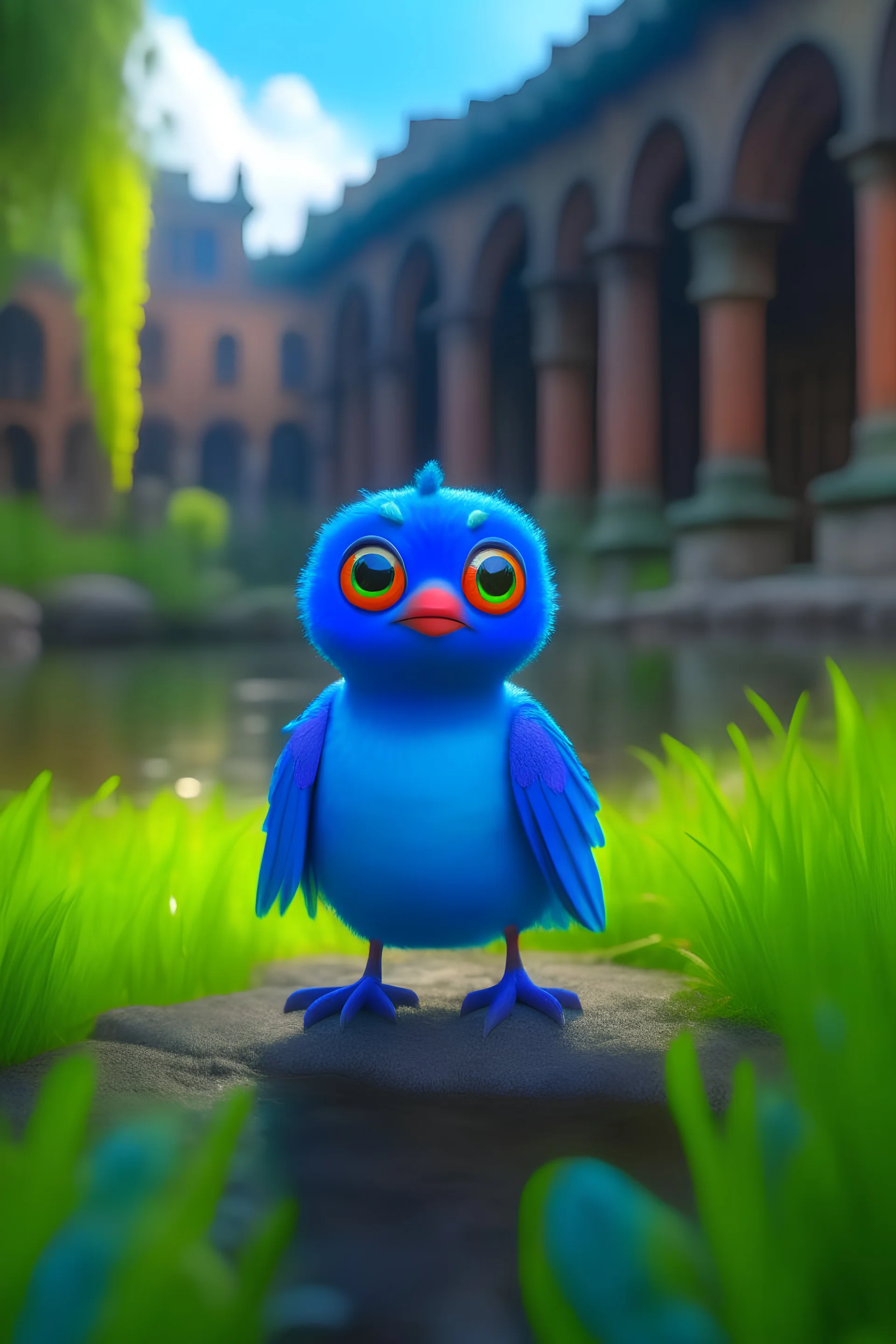 adorable cute chat priest robot with short punk hair and real human reflective eyes, blue fluffy birds by pond in garden of st. Barbara cathedral, its such a perfect day, motion blur, smoke, 8k, downlight, soft light, depth of field, photorealism, trending on art station, lotsa detail