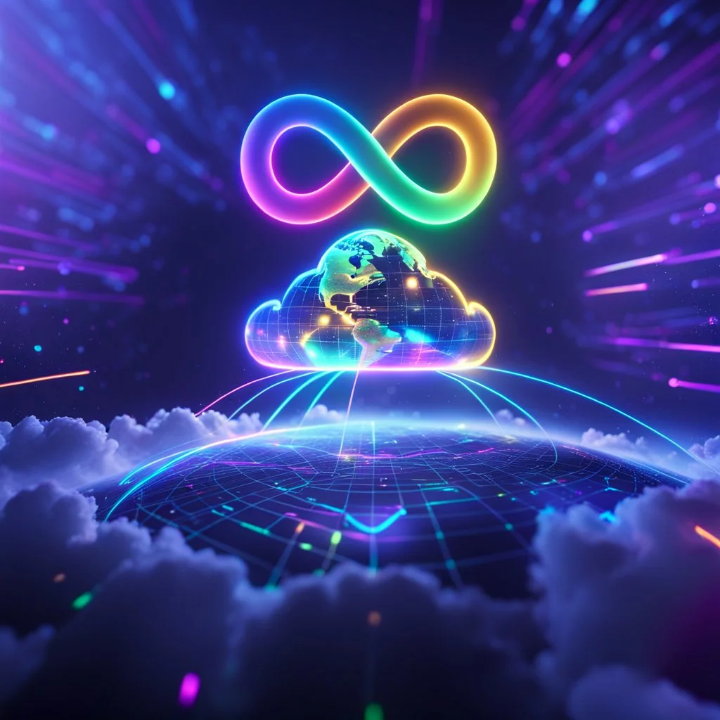 Colourful 3D glowing infinity symbol ∞, hovering above a colourful glowing cloud, network and lights coming from the cloud onto a futuristic map of the globe, inspiring, neon, glowing, friendly, beautiful, octane render, 8k post-production, artstation: award-winning: atmospheric: commanding: fantastical: clarity: 16k: ultra quality: striking: brilliance: liquid medium: stunning colors: amazing depth; lens: f/8, 28mm