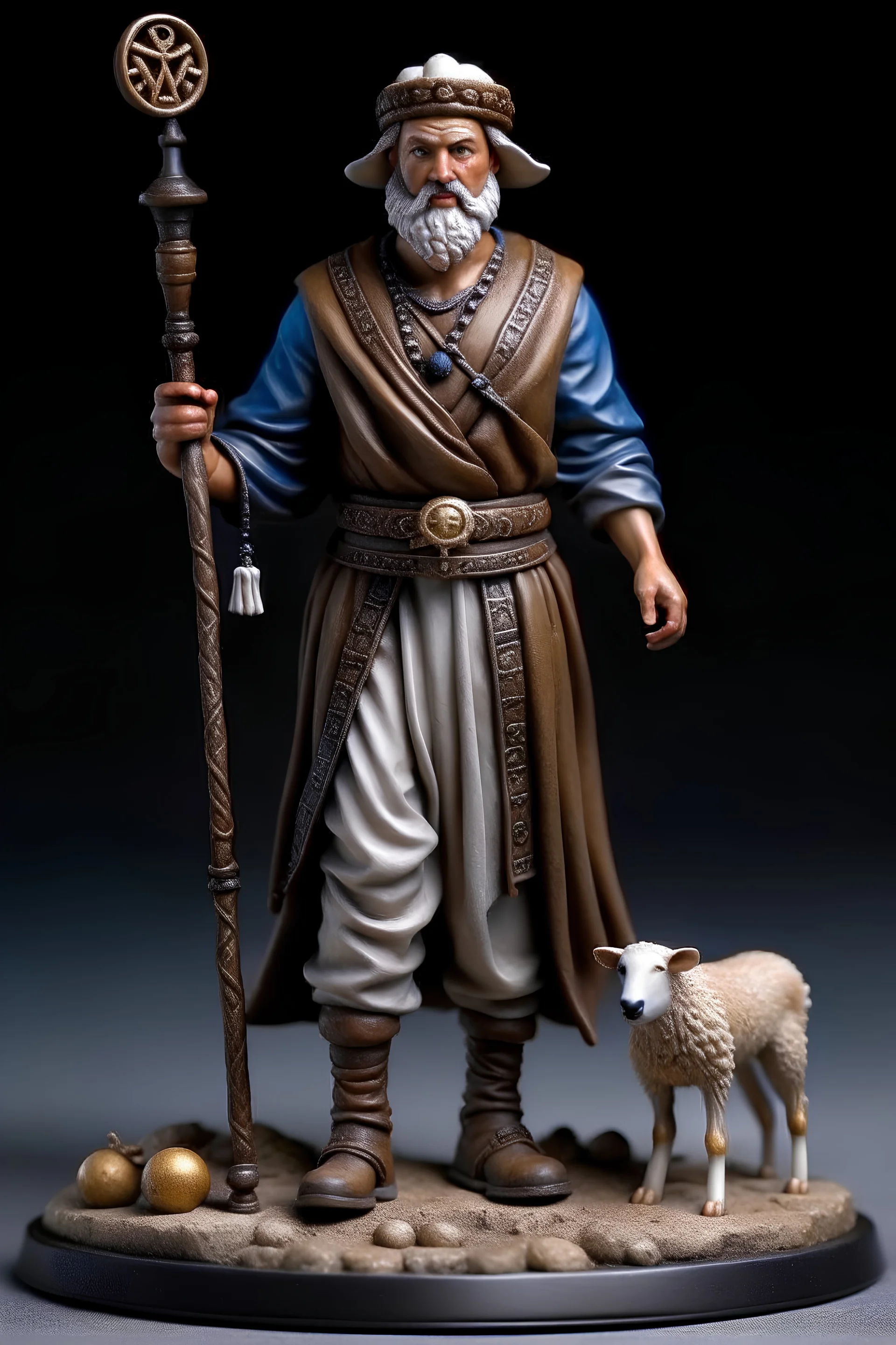 tabletop role-playing miniature of a shepherd wearing ancient minoan clothes in the style of moebius. full body. concept art hyperrealism