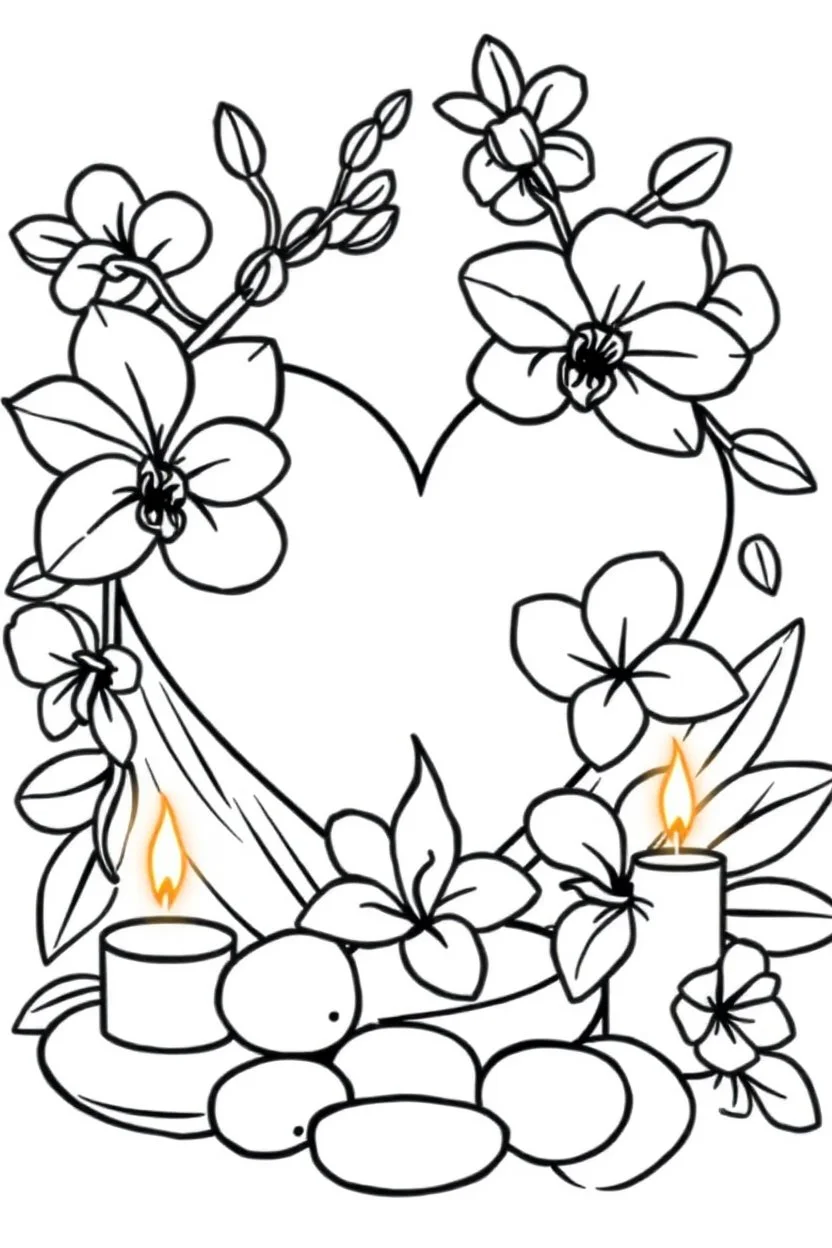 outline art for visually rich appealing heart in orchids plumeria rounded stones candles, ikebana style, coloring page for kids, white background, fit to page, only use outline, clean line art, no shadows, clear and well outlined