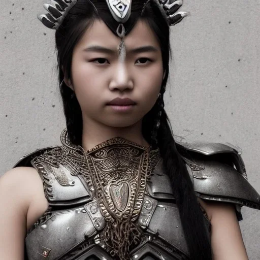 beautiful young asian queen with black leather studded armor, delicate black braided hair, glass eyes, highly detailed, 8k, ambient light