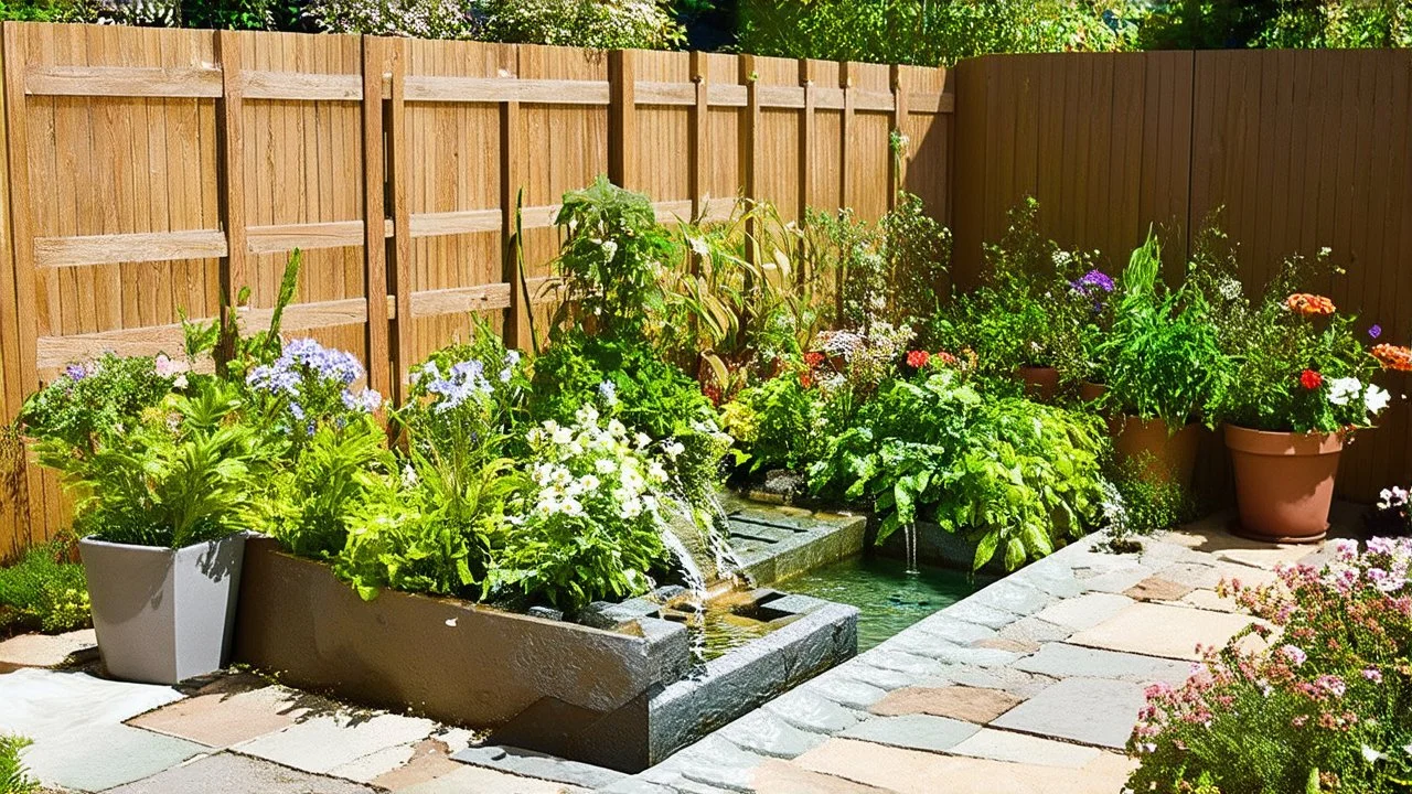 A compact yet beautiful garden for busy people, consisting of a patio area adorned with potted flowers and a small water feature. Lush green plants spill over the edges, creating a vibrant oasis under a bright summer sun.