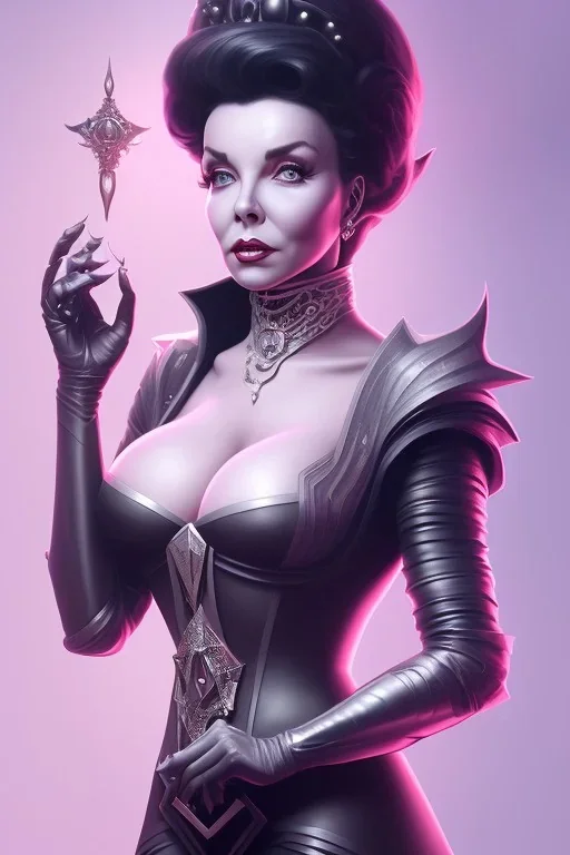 Joan Collins as evil queen in black leather, leather, busty, cleavage, angry, stern look. character design by cory loftis, fenghua zhong, ryohei hase, ismail inceoglu and ruan jia. unreal engine 5, artistic lighting, highly detailed, photorealistic, fantasy