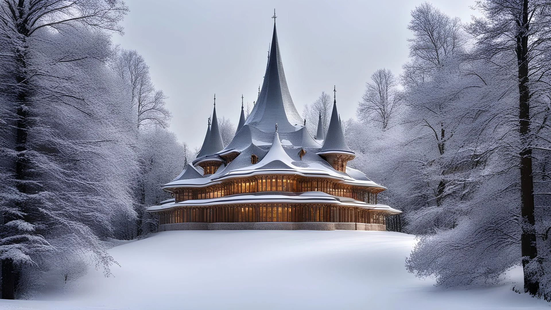 2055, rule of thirds, delightful, sensitive, confident, undulating sinusoidal castle with pointed hyperbolic roofs, forest, delicate, thick snow, symmetrical, exquisite architecture, innovative design, perfect symmetry, award-winning photograph, beautiful composition, filled with beautiful detail, delicate colour, chiaroscuro