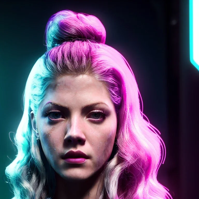 Actress, young Katheryn Winnick, blonde replicant woman, blade runner style, rain, fog, neon ambient, gradient color, clean skin, circuits, latex coat, cyber punk, neon, tubes, portrait, studio photo, unreal engine 5, smooth color, 16 bit, god lights, ray tracing, RTX, lumen lighting, ultra deatail, volumetric lighting, 3d, finely drawn, hd.