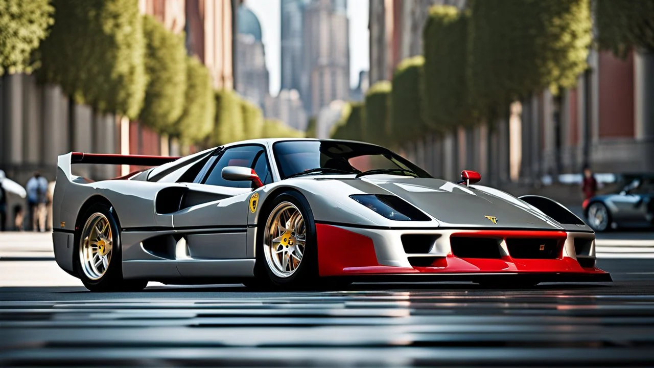A sleekly designed (((Ferrari F40))), featuring contemporary styling elements reminiscent of modern supercars, with its signature aggressive contours and glossy finish, contrasting beautifully against a backdrop of a sunny, futuristic cityscape