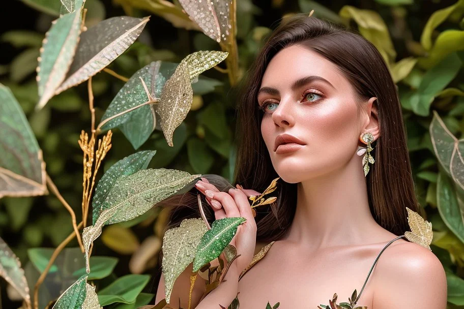 brunette woman in coloured glass gress set with gemstones, glittering metal stems and gemstone leaves in a flowergarden sharp focus elegant extremely detailed intricate very attractive beautiful dynamic lighting fantastic view crisp quality exquisite detail in the sunshine gems and jewels