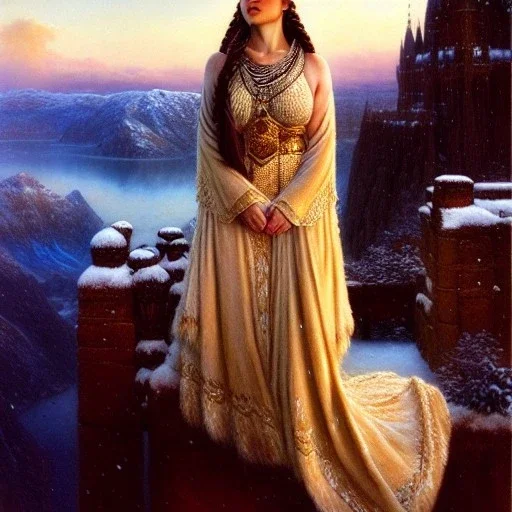 Drawing of beautiful face viking queen,braids,extra busty,snow,castle,mountains,ancient leather armor, balanciaga fashion clothe painting by gaston bussiere, greg rutkowski, yoji shinkawa, yoshitaka amano, tsutomu nihei, donato giancola, tim hildebrandt, oil on canvas, cinematic composition, extreme detail,fit full head inside picture,16k