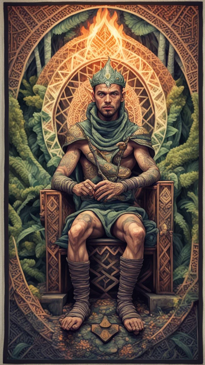 mandala style framed playing card illustration, close up portrait of an ace happy blessed ancient magical scaly slimy weird toga elf mad max soldier posing for photo shoot on a throne, holding a burning sceptre, in a space alien mega structure with stairs and bridges woven into a sacred geometry knitted tapestry in the middle of lush magic jungle, bokeh like f/0.8, tilt-shift lens 8k, high detail, smooth render, down-light, unreal engine, prize winning