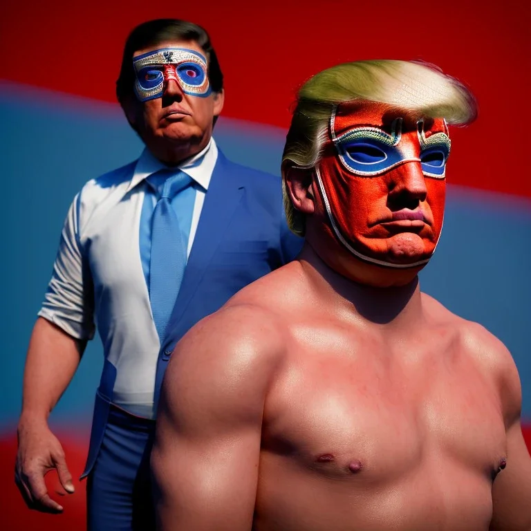 realistic image of donald trump as a mexican wrestling fighter posing outdoors, Mexican eyes wrestling mask, red and blue breeches, suspenders, retro style, 80s, vibrant color, highly detailed, sky background, concept art, unreal engine 5, god rays, ray tracing, RTX, lumen lighting, ultra detail, volumetric lighting, 3d, finely drawn, high definition, high resolution.