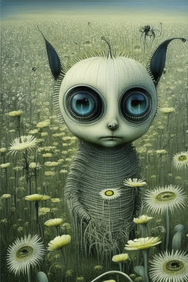 adorable H.R. Giger creature with big reflective eyes in a flower field, by Catrin Welz-Stein