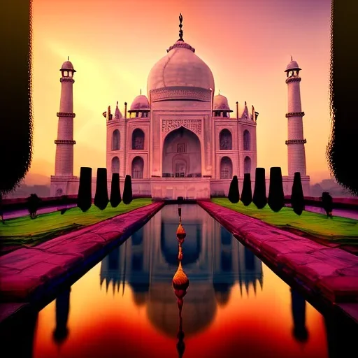 The Taj Mahal, Hindistan, sunset, rainbow sunset, fantasy art, flying birds, springs, waterfall