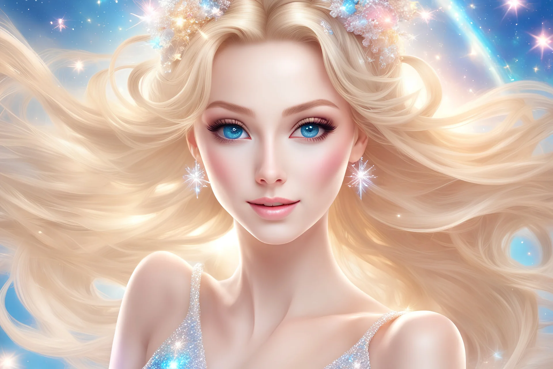 Enlighten, highly detailed whole body, happy smiling cosmic elegant beautiful ballerina long blond hair, big blue eyes, white-gold costume, cosmic reality bright cristal glitter cristal sunny magic morning with wonderful sunshine on the sky, white gold light pink blue shining graduated colours, nice magic atmosphere, cosmic ambiance, vessels, stars, glitters, hyper ultra realistic, 32 K, tom bagshaw, greg rutkowski, global illumination, radiant light bright sky, intricate details