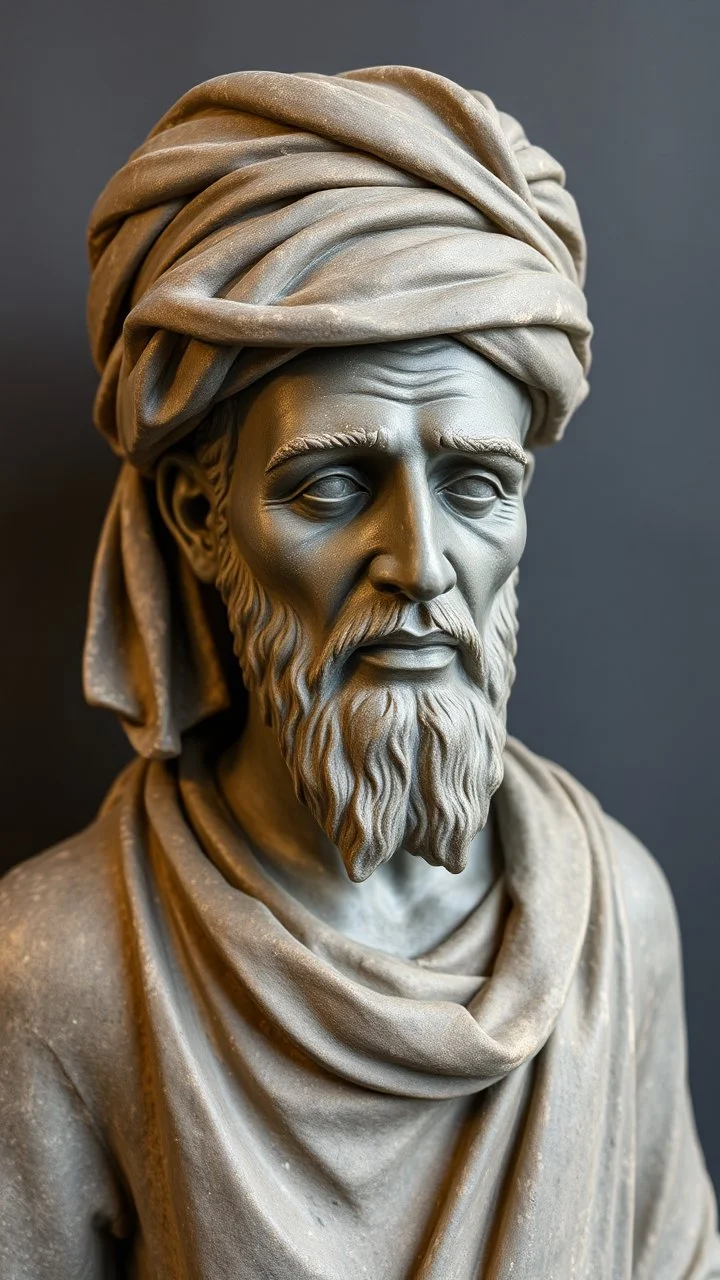 Ceramic style statue all colours are dark gray of an old church man from the 100 BC in it a whole body and the head of dead man with bold head and Arabic turbans hat