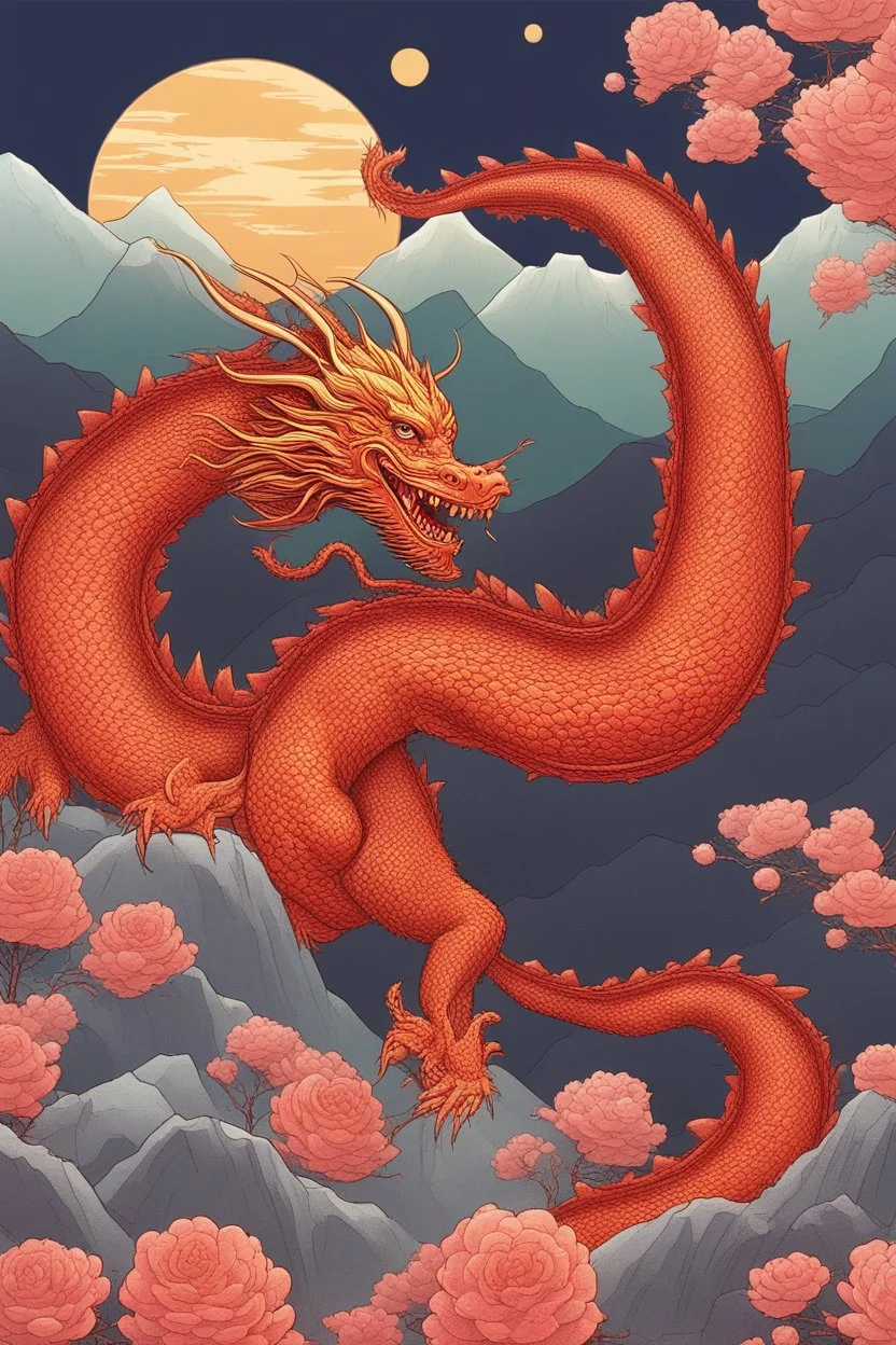 Bitcoin and dragon, Eastern people are smiling, moutains are far away, it is happy new year, we can see flowers are in full bloom