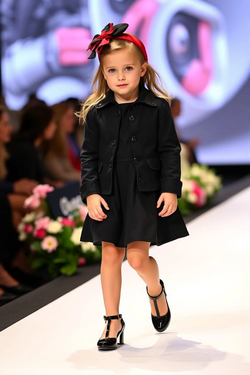 2 years old german baby girl with clothing like fashion model with pretty high heels in runway with flowers