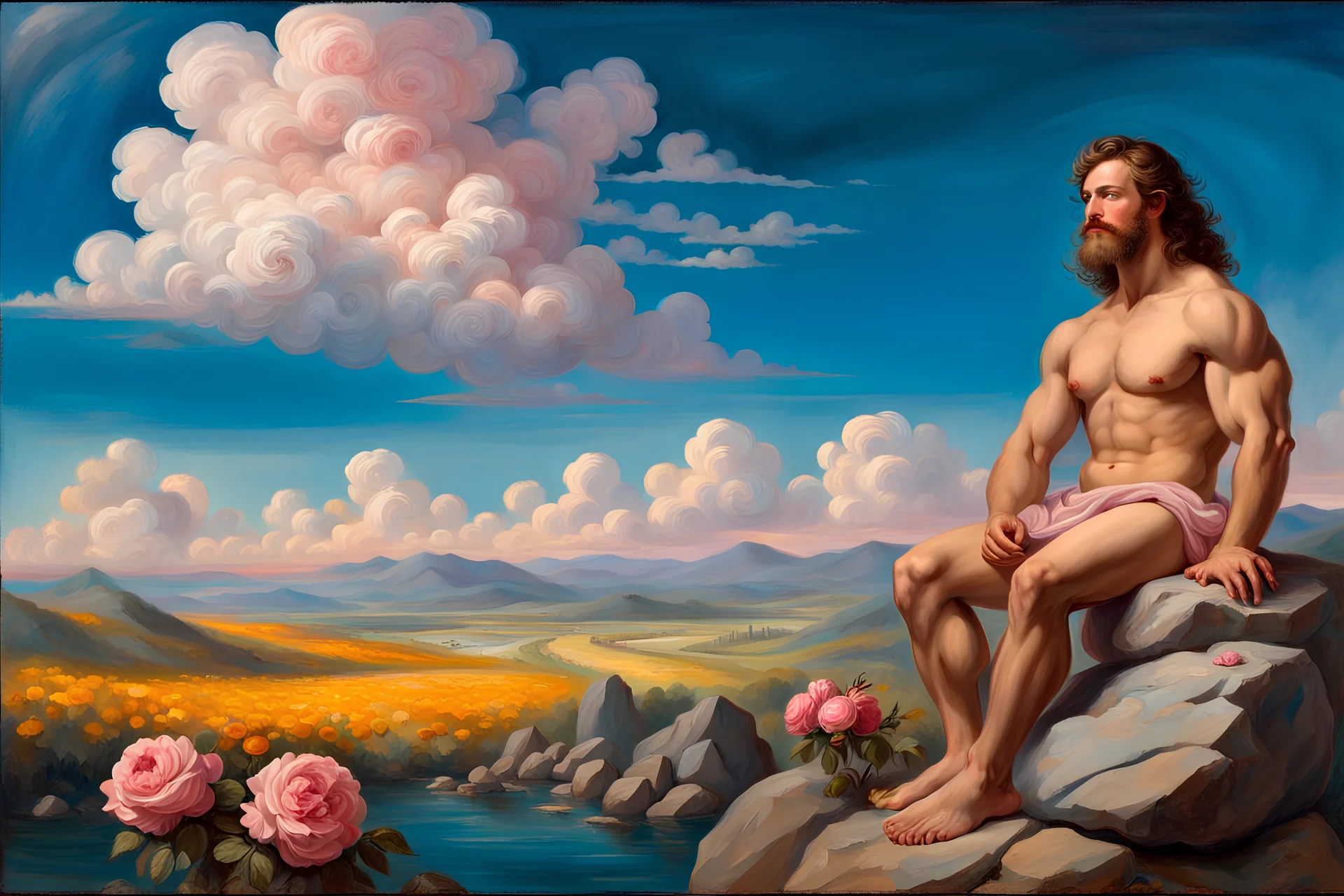 a handsome, muscular man with a well-groomed, bearded face and long, curly hair. He is sitting naked on a rock, surrounded by a picturesque valley adorned with pink and yellow rose flowers. The spring sky above is adorned with breathtakingly beautiful clouds. like oil painting 19th century