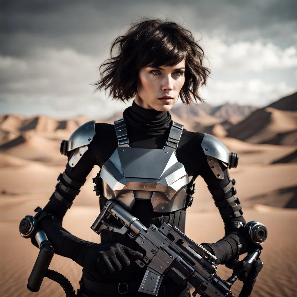 futuristic beautiful caucasian half cyborg female soldier, black metal body and limbs, chrome details, anorexic figure, short brunette wavy bob haircut, dystopian, desert scene