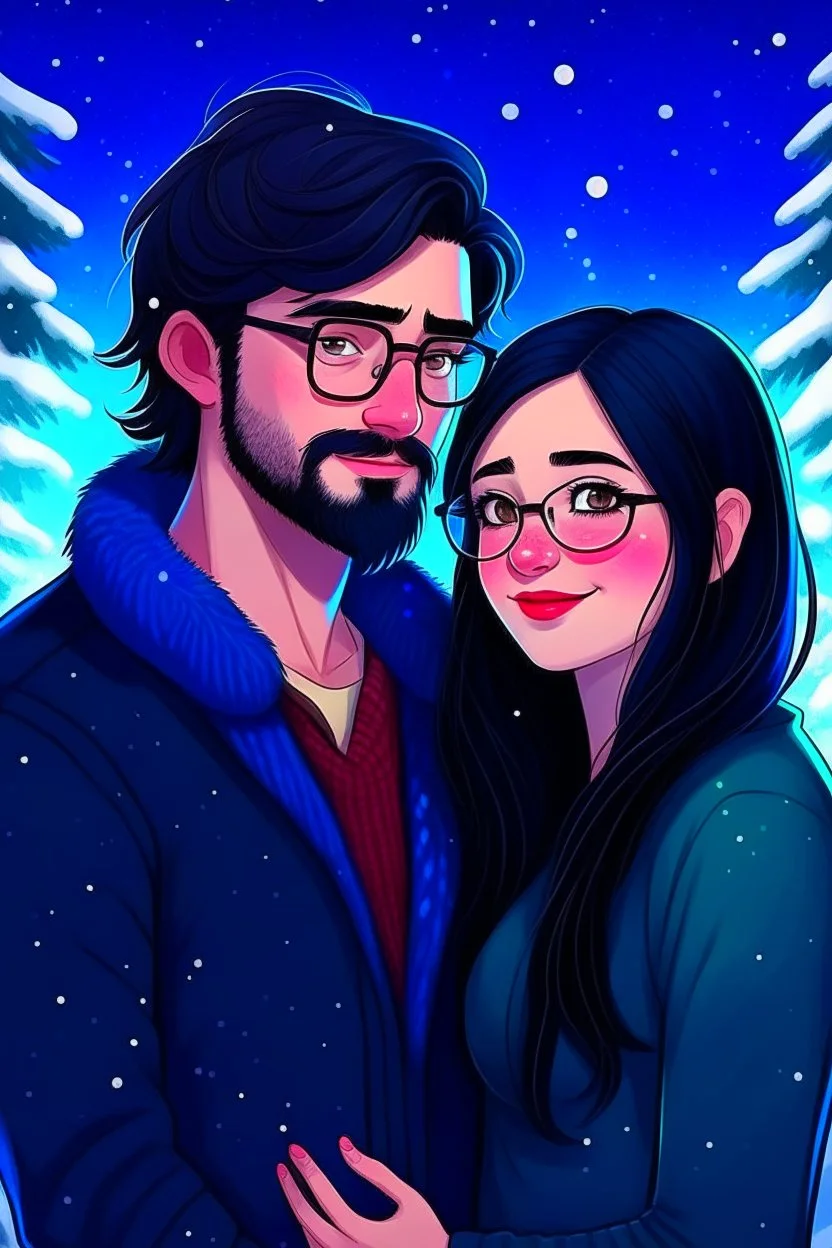 Christmas scene, dark haired couple, man with short black beard and glasses, woman with long hair, blue eyes, young couple, graphic