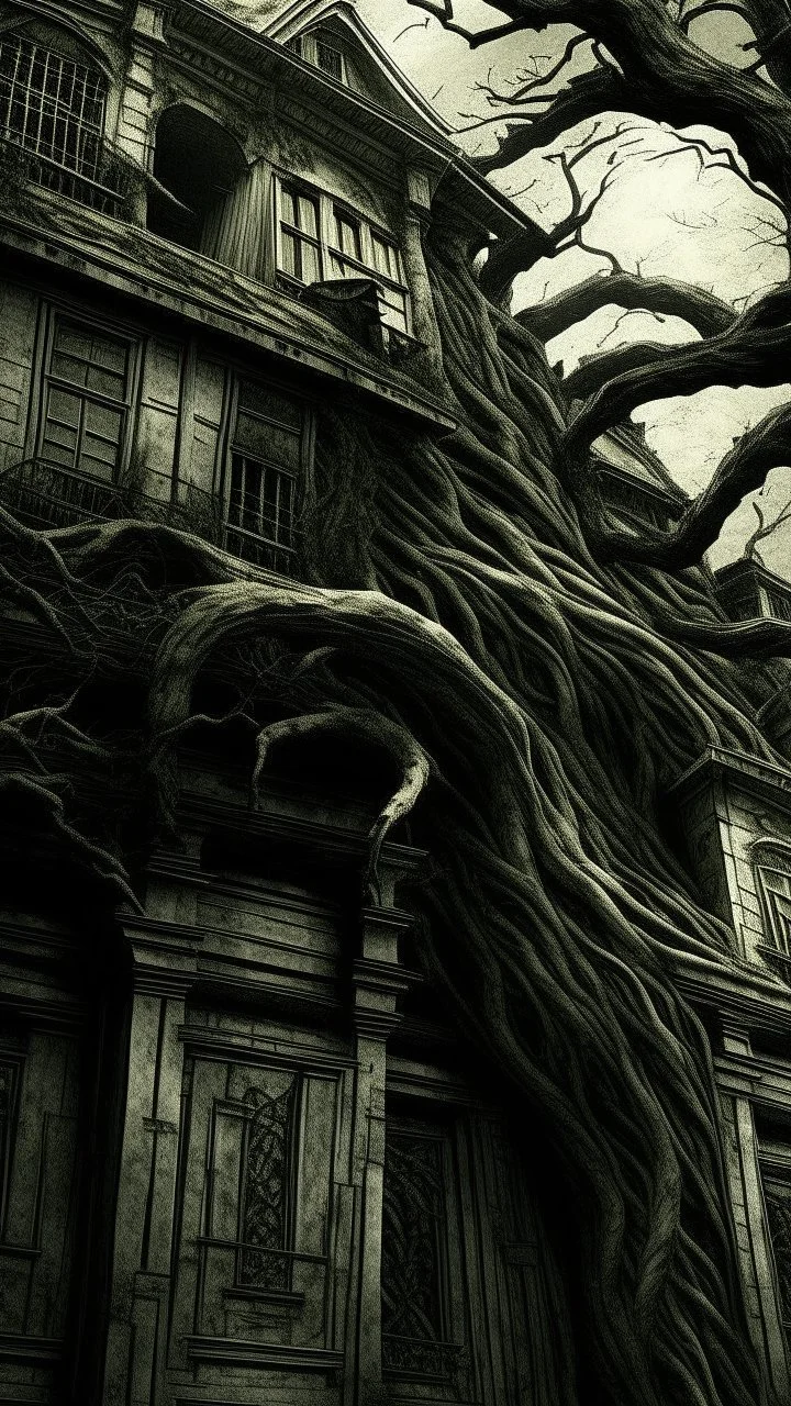 A demonic figure with a triangular body with long arms and creepy small eyes that is floating in a dark room