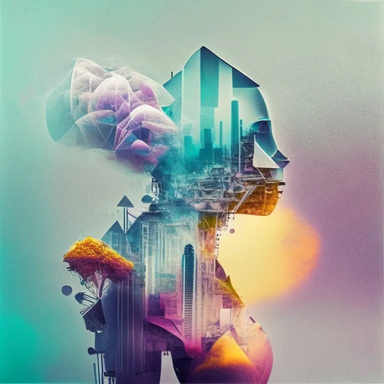 smoke, smog, city scape with pollution, double exposure photography, colourful nature, clean sharp focus, on white background, Fractal Geometry buildings, sacred geometry