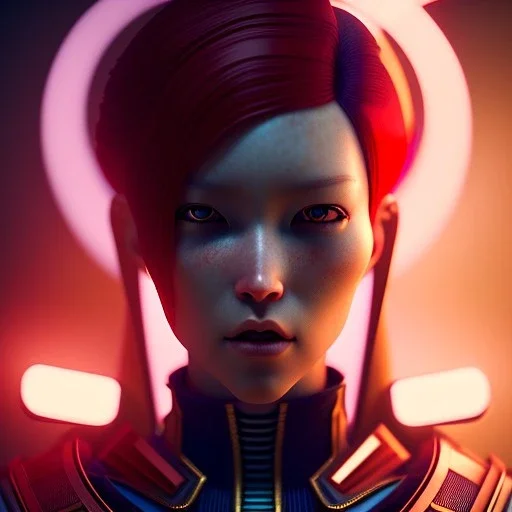 Short red hair Woman, samurai, cyberpunk, neon, highly detailed, art stations, concept art, smooth, unreal engine 5, god rays, ray tracing, RTX, nanite polygons, lumen lighting, ultra detail, volumetric lighting, 3d, finely drawn, high definition, high resolution, gradient background