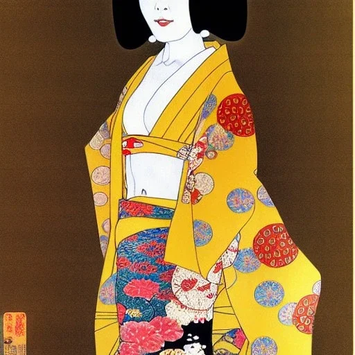 Retrato de cuerpo entero una Geisha Bella voluptuosa con kimono con el estilo de Gustav Klimt