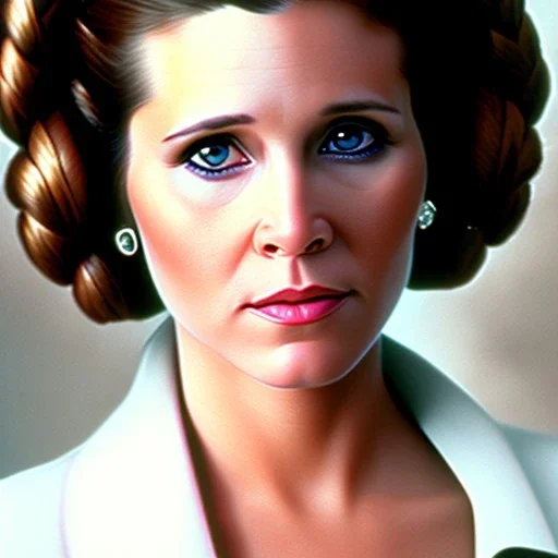 analog style, Beautiful photorealistic close up face of carrie fisher, soft light, soft ethereal skin, rim lighting, sharp brown eyes, dark plain background