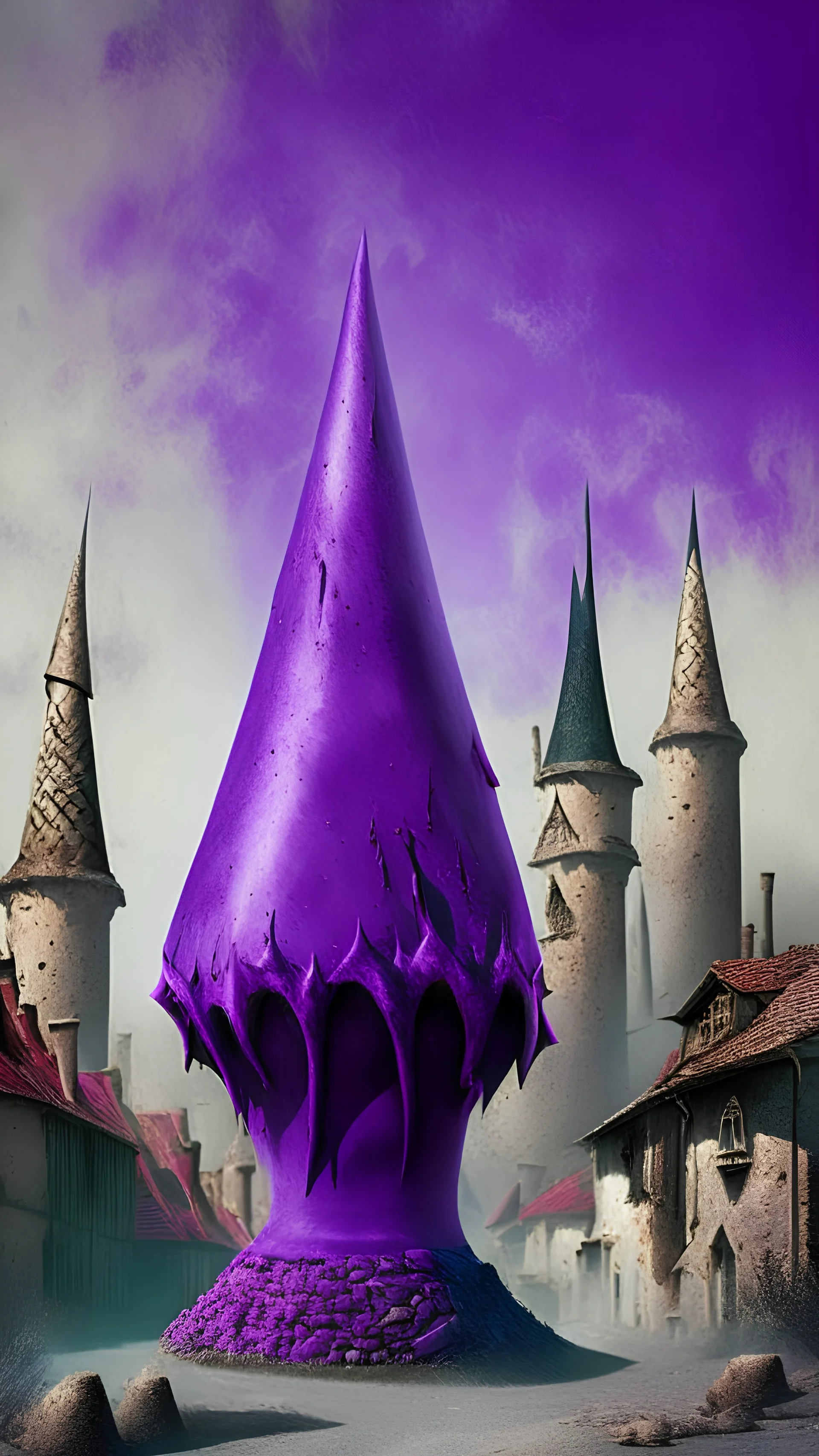 purple blast, cone shape, medieval village in the background