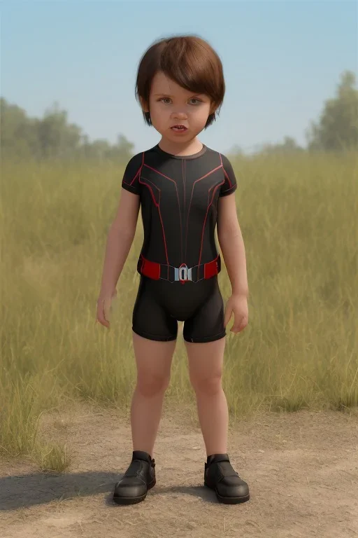 Black widow toddler, serious, full body, bokeh, hyper realistic