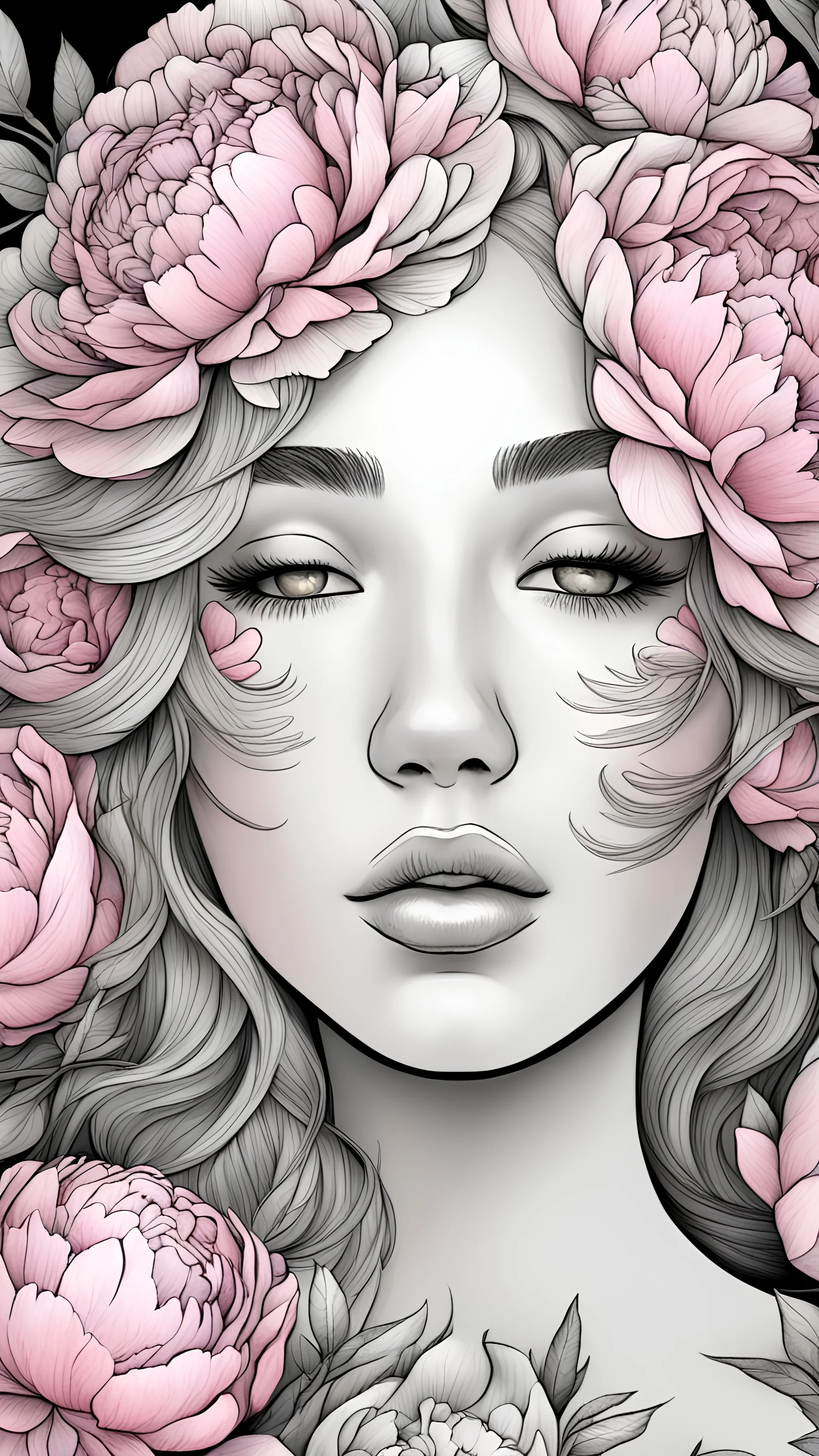 young woman, blonde hair, coloring page of a beautiful bouquet of peonies all around her face, her eyes are closed and dreaming peacefully, only her face shows, her face covered by the bouquet of peonies, with a black background, clear outline, no shadows, sketch colors, 4k